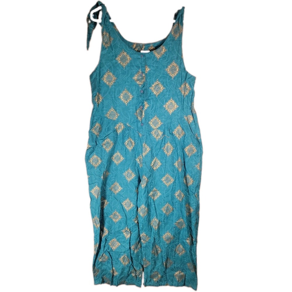 Vintage The African Village Jumpsuit Womens M Teal Gold Block Print Tie Romper